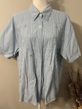Premier International Women Blue Button-Up Shirt Embroidered Floral Beaded Sz 1X